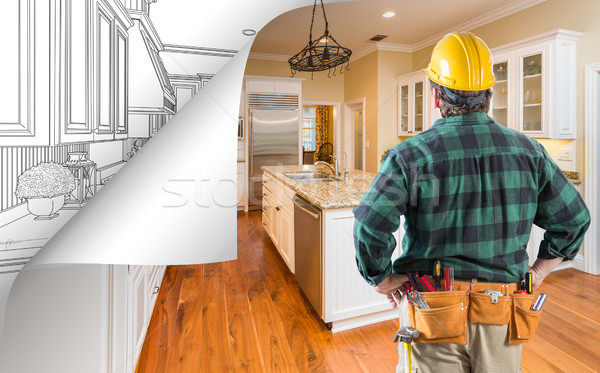 Stock photo: Contractor Facing Kitchen Photo with Page Corner Flipping to Dra