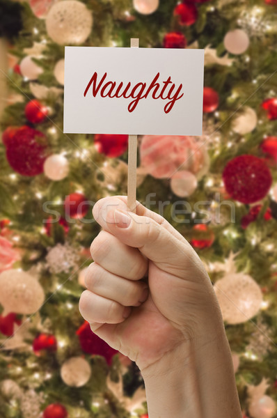Hand Holding Naughty Card In Front of Decorated Christmas Tree. Stock photo © feverpitch