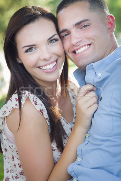 Stockfoto: Halfbloed · romantische · paar · portret · park · gelukkig