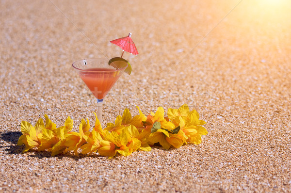 Tropical Drink and Lei on Beach Shoreline Stock photo © feverpitch