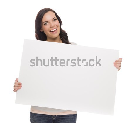 Stock photo: Beautiful Mixed Race Female Holding Blank Sign on White