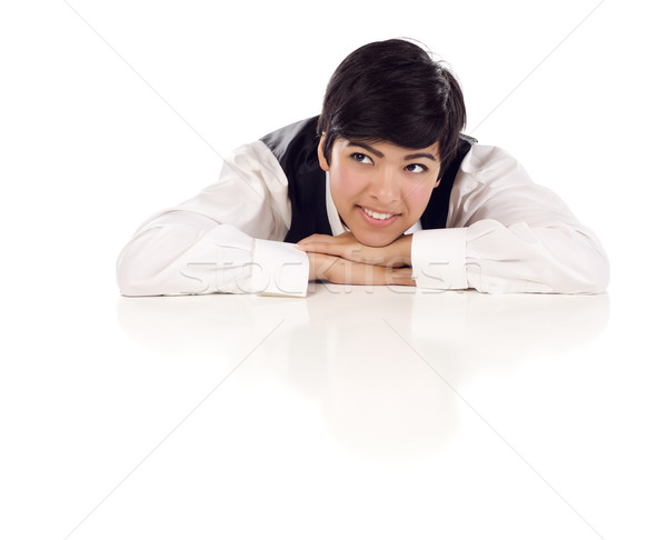 Stock photo: Mixed Race Female At Table Smiling Looking Up and Away