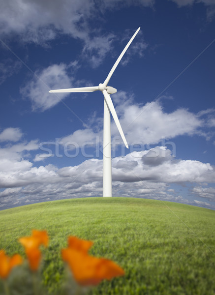 Turbina eolica drammatico cielo California papaveri nubi Foto d'archivio © feverpitch