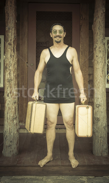 Stock foto: Gentleman · Ära · Badeanzug · halten · Koffer · Veranda