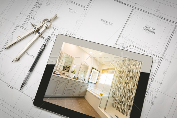 Computer Tablet with Master Bathroom Design Over House Plans, Pe Stock photo © feverpitch