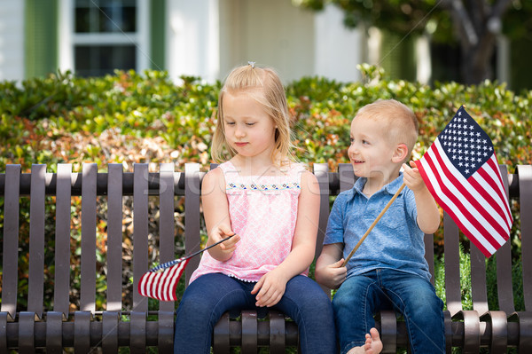 年輕 妹妹 哥哥 美國國旗 大小 長凳 商業照片 © feverpitch