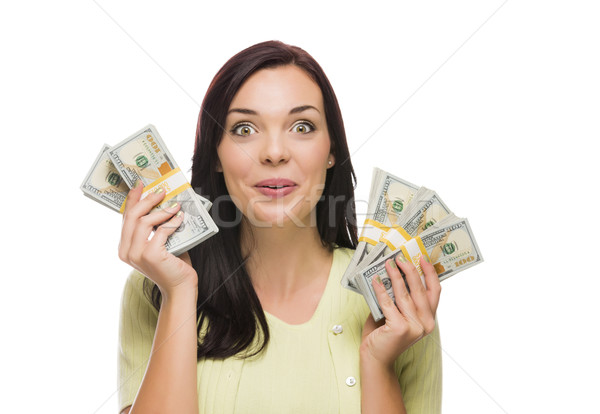 Mixed Race Woman Holding the New One Hundred Dollar Bills Stock photo © feverpitch