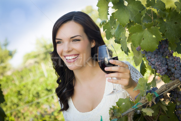 Young Adult Woman Enjoying A Glass of Wine in Vineyard Stock photo © feverpitch