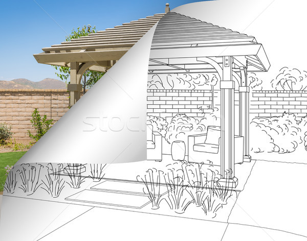 Pergola Drawing with Page Flipping to Completed Photo Behind Stock photo © feverpitch