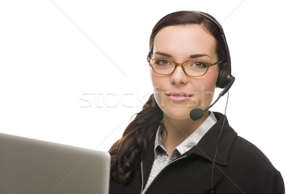 Mixed Race Receptionist In Front of Computer Wearing Phone Head- Stock photo © feverpitch