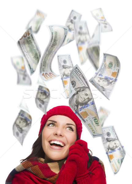 Young Excited Woman with $100 Bills Falling Around Her Stock photo © feverpitch