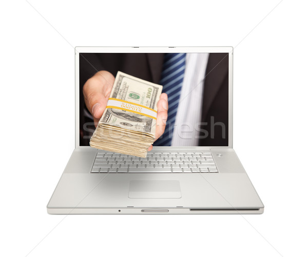 üzletember boglya pénz laptop képernyő izolált Stock fotó © feverpitch