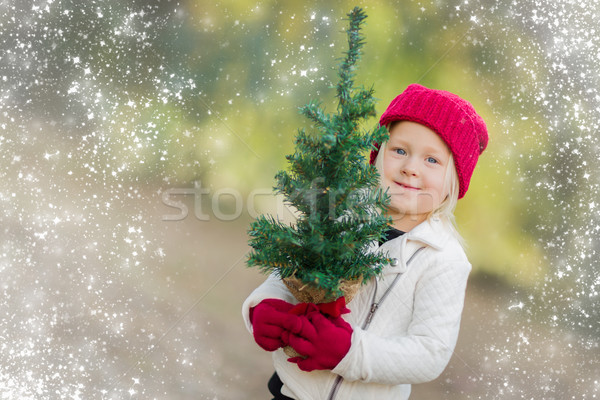 Stock photo: Baby Girl In Mittens Holding Small Christmas Tree with Snow Effe