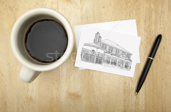 Stock fotó: Jegyzet · kártya · ház · rajz · toll · kávé