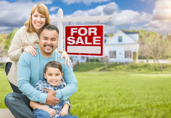 Stock photo: Mixed Race Family Portrait In Front of House and For Sale Real E