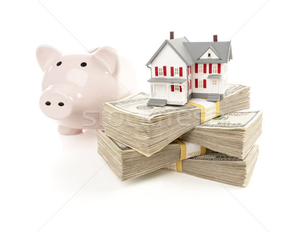 Stock photo: Small House and Piggy Bank with Stacks Money