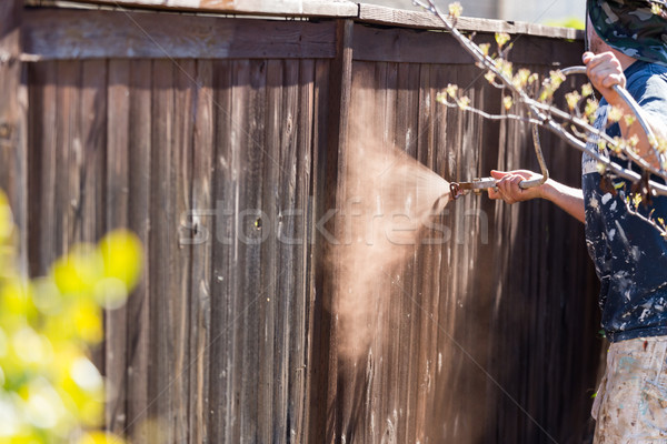 Professional Painter Spraying Yard Fence with Stain Stock photo © feverpitch