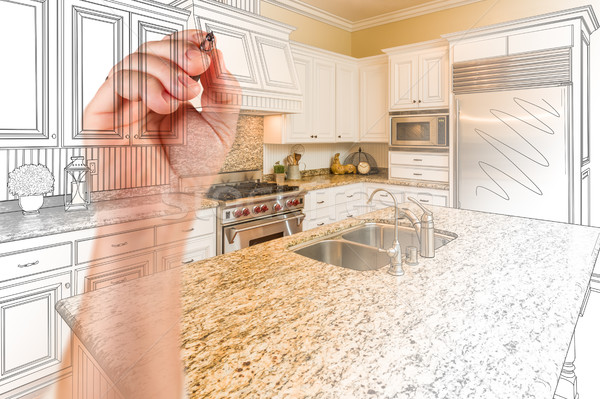 Hand Drawing Custom Kitchen Design With Gradation Revealing Phot Stock photo © feverpitch