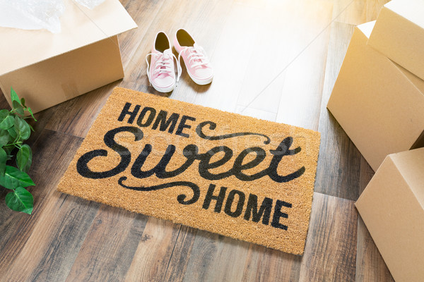 Home Sweet Home Welcome Mat, Moving Boxes, Pink Shoes and Plant  Stock photo © feverpitch