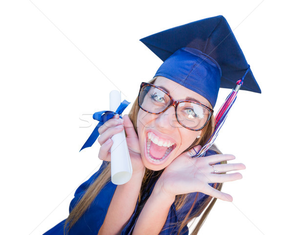Goofy Graduating Young Girl In Cap and Gown Isolated on a White  Stock photo © feverpitch