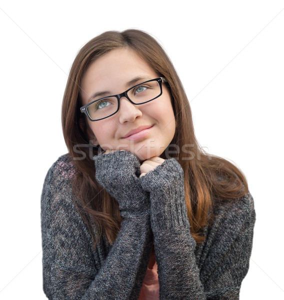 Pretty Mixed Race Girl Thinking On White Stock photo © feverpitch