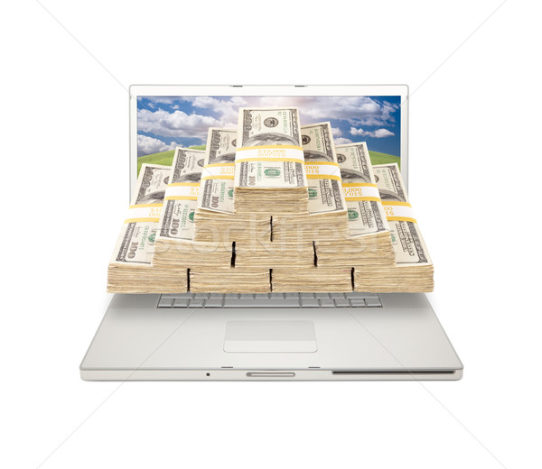 Foto stock: Laptop · dinheiro · tela · prata · computador · isolado