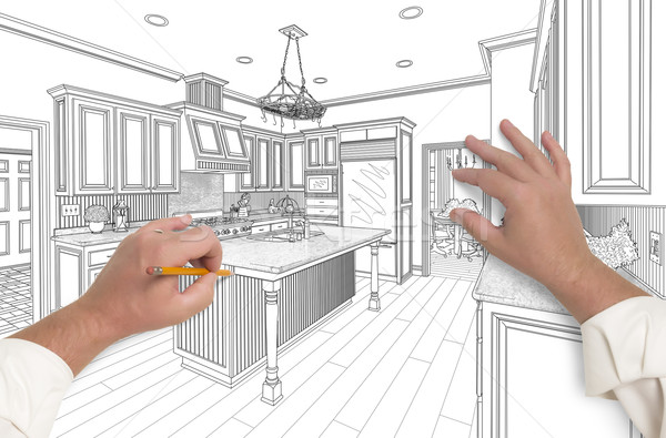 Male Hands Sketching Beautiful Custom Kitchen Stock photo © feverpitch