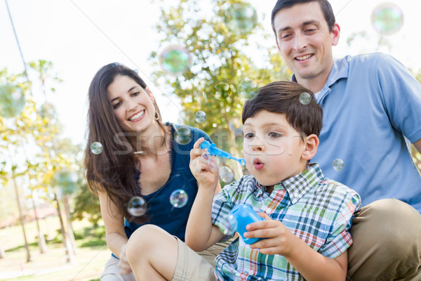 Young Boy Blowing Bubbles with His Parents in the Park. Stock photo © feverpitch