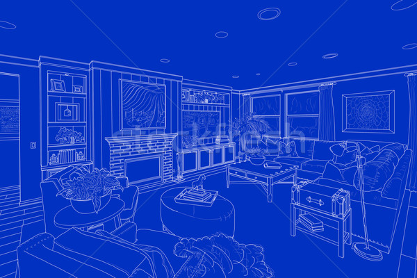 White Line Drawing On Blue of a Custom Living Room Stock photo © feverpitch