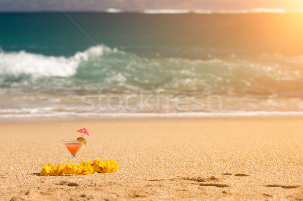 Tropical Drink and Lei on Beach Shoreline Stock photo © feverpitch