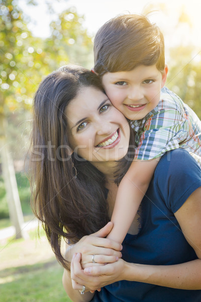 Attractive Mixed Race Mother and Son Hug in Park Stock photo © feverpitch