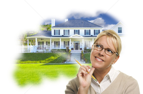 Stock photo: Daydreaming Woman With Pencil Over Custom House Photo Thought Bu