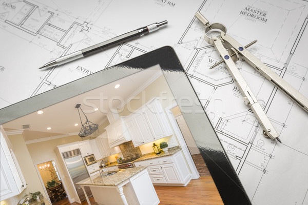 Computer Tablet Showing Finished Kitchen On House Plans, Pencil, Stock photo © feverpitch