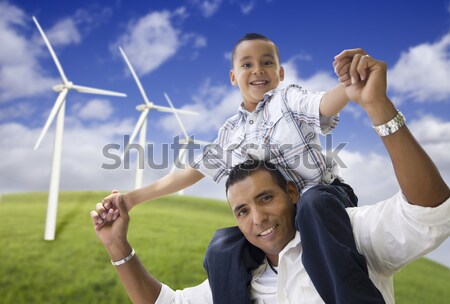 Young Boy and Dog in Wind Turbine Field Stock photo © feverpitch