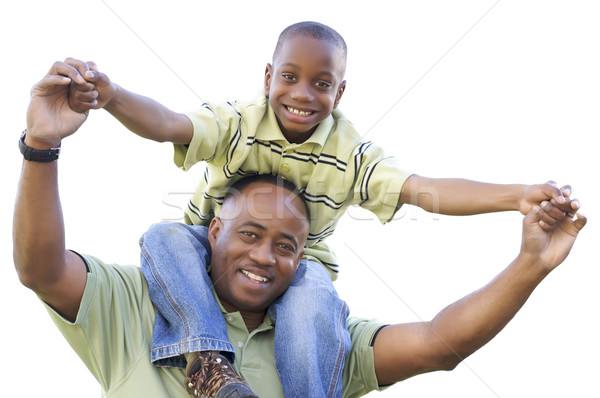 African American Son Rides Dad's Shoulders Isolated Stock photo © feverpitch