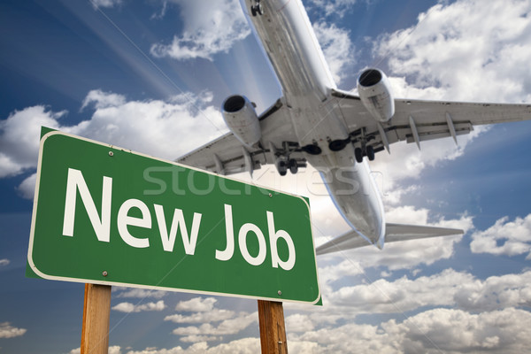 Stock photo: New Job Green Road Sign and Airplane Above