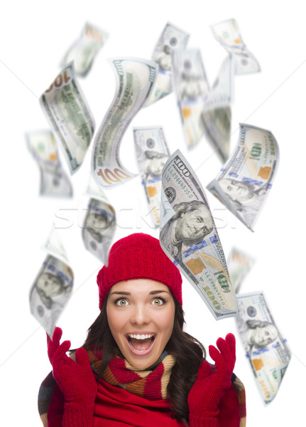 Young Excited Woman with $100 Bills Falling Around Her Stock photo © feverpitch