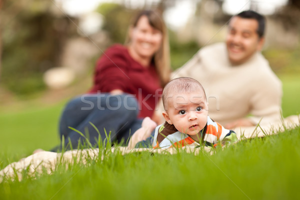Happy Baby Boy and Mixed Race Parents Playing in the Park Stock photo © feverpitch