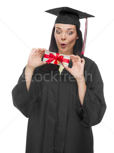 Female Graduate Holding Stack of Gift Wrapped Hundred Dollar Bil Stock photo © feverpitch