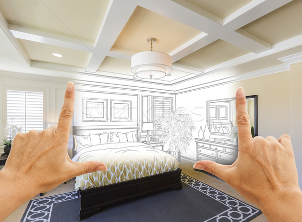 Stock photo: Hands Framing Custom Bedroom Drawing Photograph Combination