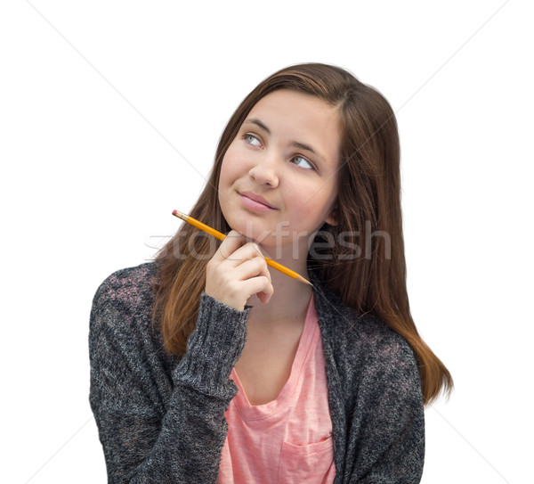 Pretty Mixed Race Girl Thinking with Pencil Stock photo © feverpitch