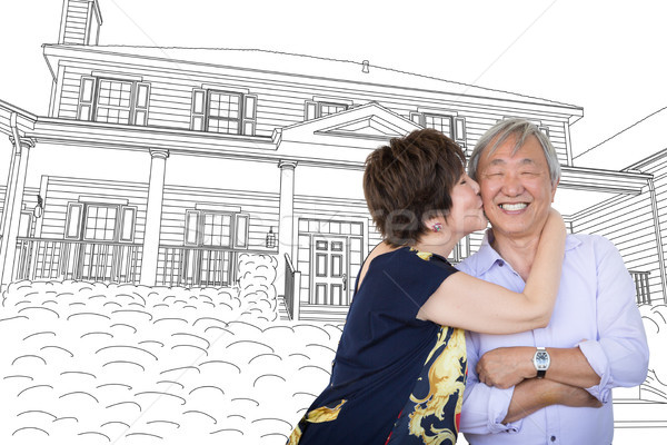 Chinese Senior Adult Couple Kissing In Front Of Custom House Dra Stock photo © feverpitch