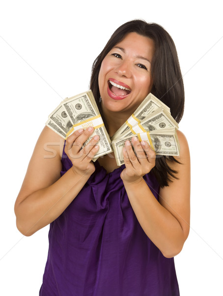 Excited Multiethnic Woman Holding Hundreds of Dollars Stock photo © feverpitch