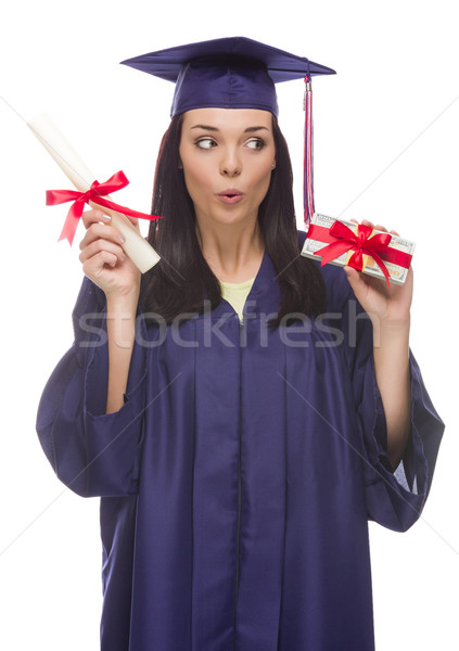Female Graduate with Diploma and Stack of Gift Wrapped Hundreds Stock photo © feverpitch