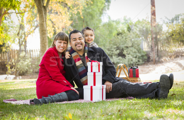 Stock photo: Mixed Race Family Enjoying Christmas Gifts in the Park Together