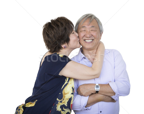 Foto stock: Afetuoso · senior · chinês · casal · isolado · branco