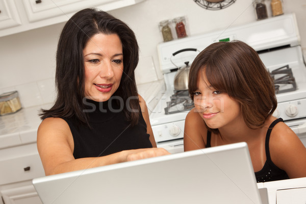 Hispanic Mother and Mixed Race Daughter on the Laptop Stock photo © feverpitch