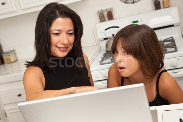 Hispanic Mother and Mixed Race Daughter on the Laptop Stock photo © feverpitch