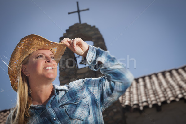 Stockfoto: Mooie · portret · oude · kerk · achter · kruis