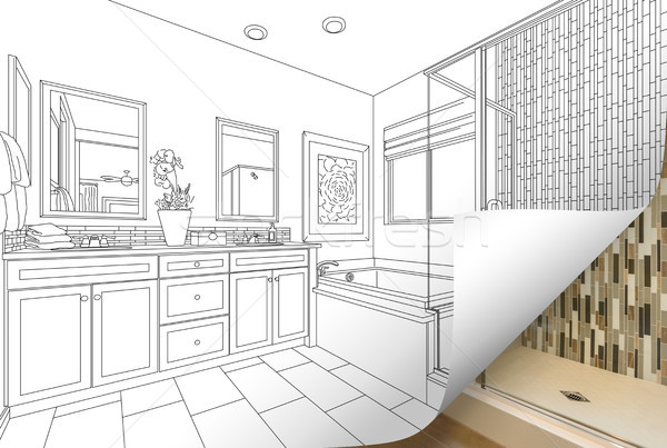 Master Bathroom Drawing Page Corner Flipping with Photo Behind Stock photo © feverpitch
